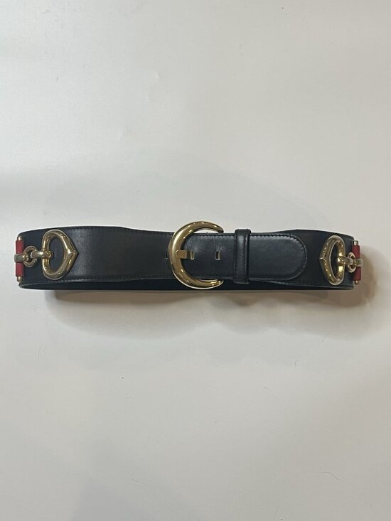 Vtg Escada Western Germany Leather Belt Horsebit Gold Buckle Black Red 36